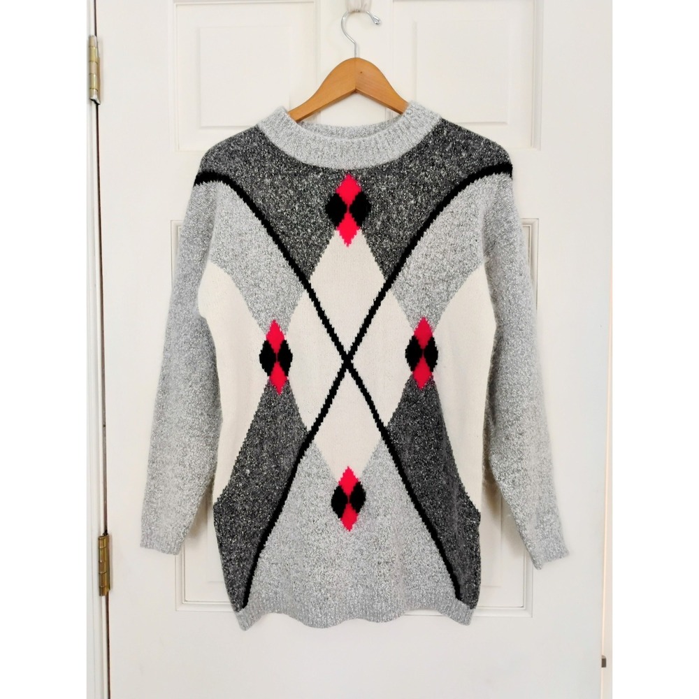 Vintage De Rotchild Silk Angora Lambswool Argyle Sweater Medium Grey Red Cozy